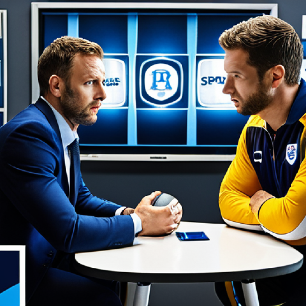 **Image Prompt:** A dynamic scene depicting a sports marketing negotiation. Include two individuals engaged in a discussion, one representing a sports club and the other a potential sponsor. Emphasize persuasive communication through body language. Add visual elements that represent data analysis and AI, subtly overlaid on the scene. The setting should be a modern office space with sports memorabilia in the background. The color palette should be professional and trustworthy, using blues and grays accented by the vibrant colors of sports branding. Aim for a realistic style with high detail, capturing the intensity and strategic thinking involved in sports marketing negotiations.