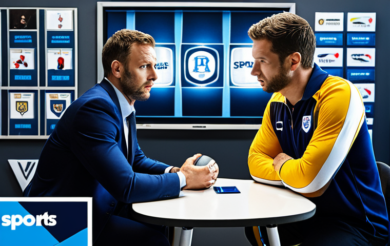 **Image Prompt:** A dynamic scene depicting a sports marketing negotiation. Include two individuals engaged in a discussion, one representing a sports club and the other a potential sponsor. Emphasize persuasive communication through body language. Add visual elements that represent data analysis and AI, subtly overlaid on the scene. The setting should be a modern office space with sports memorabilia in the background. The color palette should be professional and trustworthy, using blues and grays accented by the vibrant colors of sports branding. Aim for a realistic style with high detail, capturing the intensity and strategic thinking involved in sports marketing negotiations.