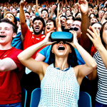 A dynamic image capturing the emotional essence of fan engagement in sports. Picture a diverse crowd of passionate fans in a vibrant stadium setting, with elements of modern technology enhancing their experience. Some fans are shown interacting with augmented reality or virtual reality activations, such as virtually participating in a game, reflecting the fusion of emotion and innovation in connecting with the audience. The atmosphere is energetic and filled with the joy of shared passion.