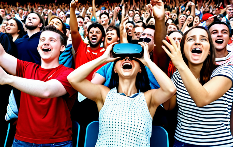 A dynamic image capturing the emotional essence of fan engagement in sports. Picture a diverse crowd of passionate fans in a vibrant stadium setting, with elements of modern technology enhancing their experience. Some fans are shown interacting with augmented reality or virtual reality activations, such as virtually participating in a game, reflecting the fusion of emotion and innovation in connecting with the audience. The atmosphere is energetic and filled with the joy of shared passion.