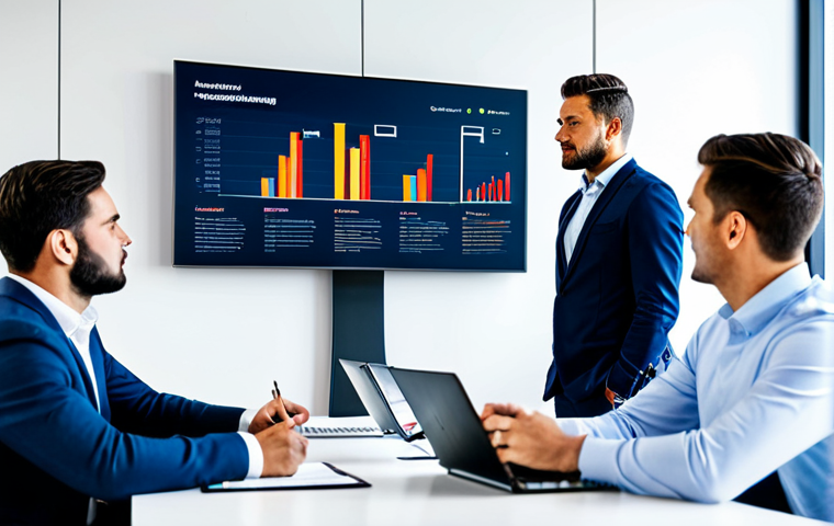 A professional, diverse group of sports marketing executives in a modern, well-lit collaborative office space. They are fully clothed in professional business attire, gathered around a large transparent digital display showing complex sports data analytics and fan engagement metrics. One executive is pointing thoughtfully at a data visualization, engaging in a strategic discussion with team members who are actively listening and taking notes. The atmosphere is dynamic and focused on innovation and data-driven decision-making. The scene features perfect anatomy, correct proportions, natural poses, and well-formed hands. High-quality professional photography, detailed, safe for work, appropriate content, fully clothed, professional.