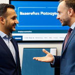 A professional man in a modest business suit, actively engaged in a sincere conversation with another professional at a bustling sports marketing conference. They are standing near an event display, with a backdrop of a modern conference hall. The man is fully clothed, appropriate attire, safe for work, perfect anatomy, natural pose, professional dress, well-formed hands, correct proportions, high quality, family-friendly.