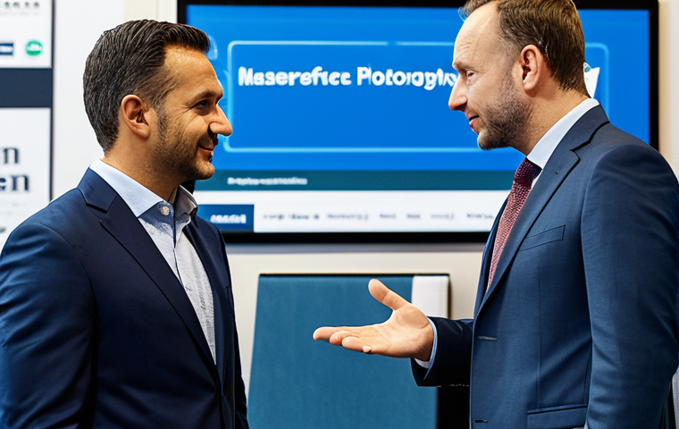 A professional man in a modest business suit, actively engaged in a sincere conversation with another professional at a bustling sports marketing conference. They are standing near an event display, with a backdrop of a modern conference hall. The man is fully clothed, appropriate attire, safe for work, perfect anatomy, natural pose, professional dress, well-formed hands, correct proportions, high quality, family-friendly.