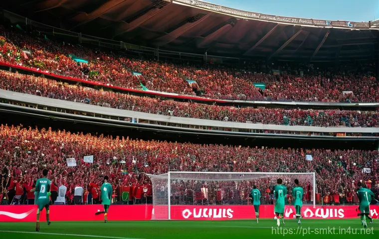 스포츠마케팅 전문가로 성장하는 법 - **Prompt:** A dynamic, wide shot of a bustling Portuguese football stadium during a major match. The...