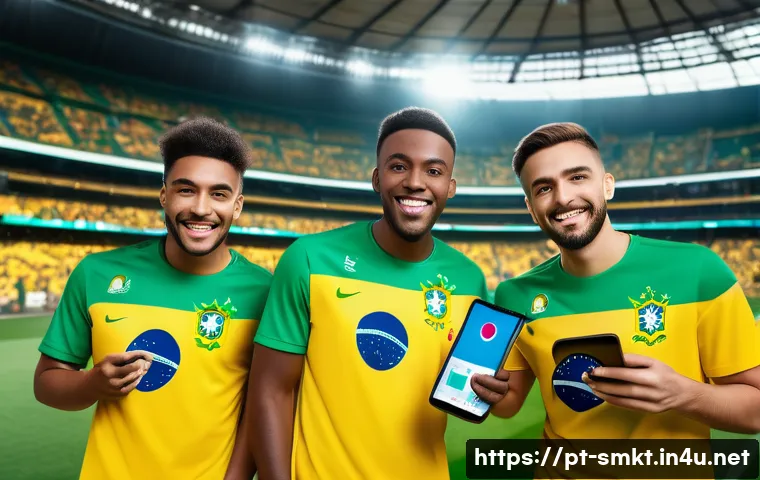 스포츠마케팅 전문가로서의 전문성 향상 계획 - A vibrant digital marketing sports scene showing a diverse group of young Brazilian fans engaging ac...