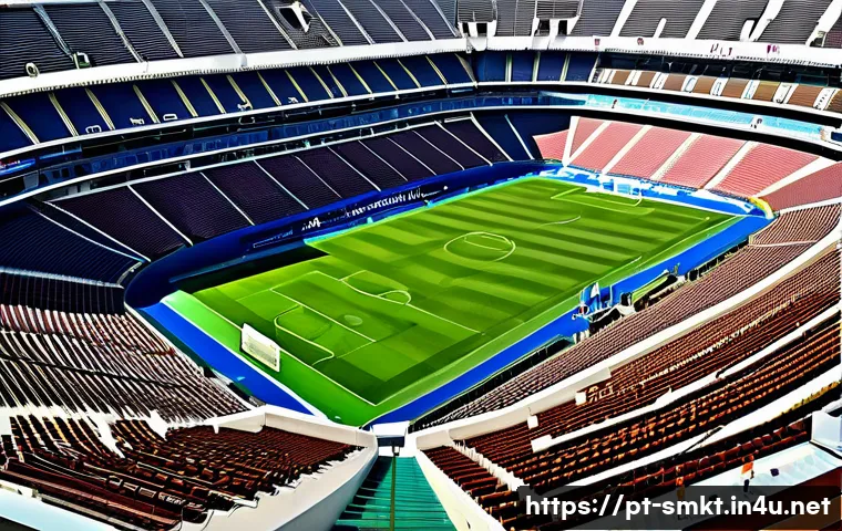 스포츠 이벤트에서의 위험 관리 전략 - A detailed aerial view of a large modern sports stadium in Brazil during a major football event, sho...