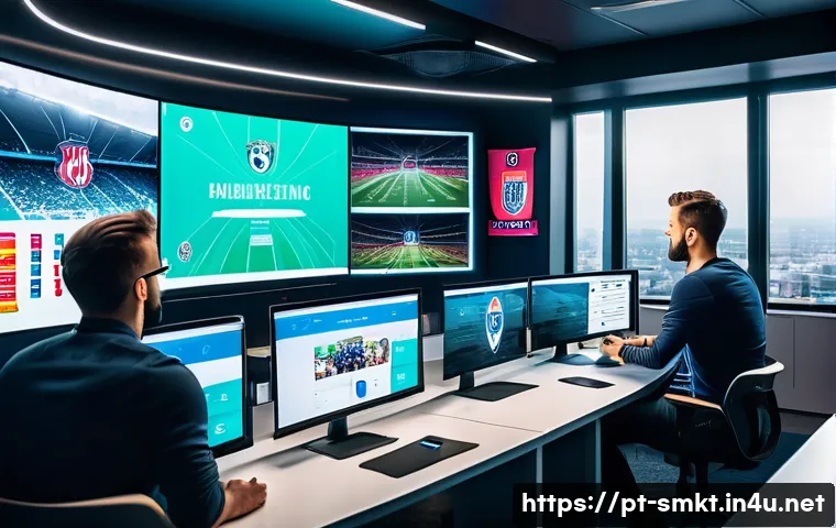 스포츠 구단 마케팅 비용 분석 사례 - A vibrant digital marketing team in a modern football club office, with diverse young professionals ...