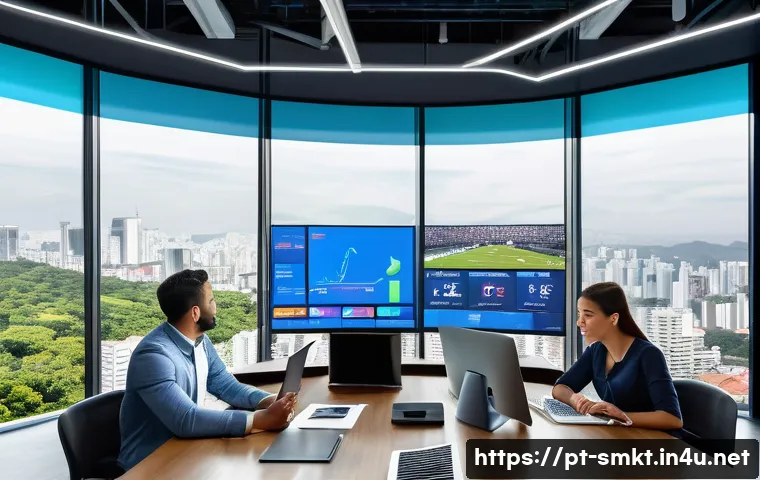 스포츠마케팅 리더십 개발 방법 - A dynamic digital marketing control room featuring a diverse team of professionals analyzing real-ti...