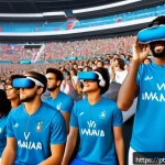 Home 22 스포츠 이벤트 기획 사례 분석 - An immersive sports event scene inside a large modern stadium featuring enthusiastic fans interactin...