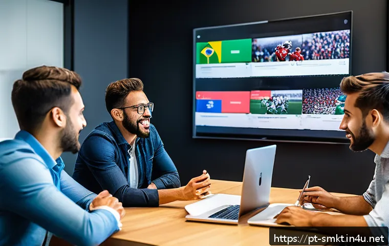 스포츠마케팅 전문가가 피해야 할 실수 - A vibrant digital marketing team meeting in a modern S&atilde;o Paulo office, diverse professionals analyzi...
