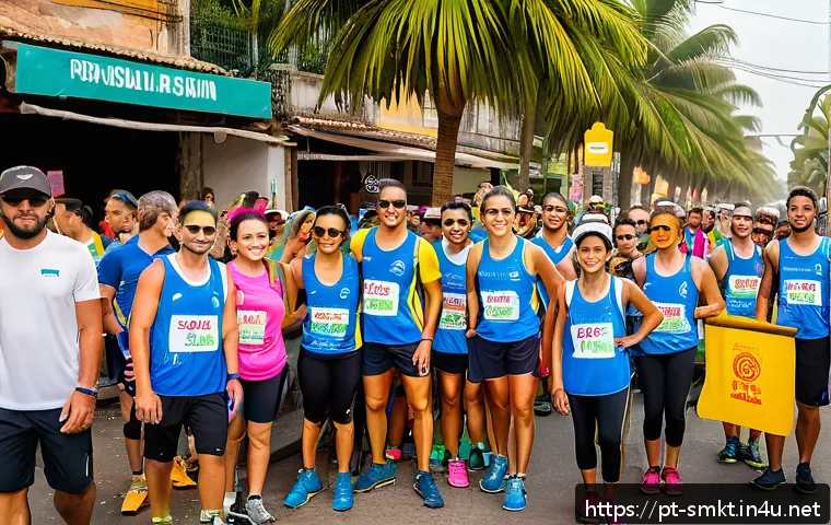 스포츠 이벤트 기획과 운영에서의 성공 사례 - A vibrant street running event in a Brazilian urban neighborhood during daytime, showcasing clearly ...