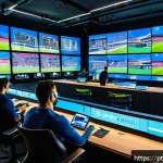 Home 18 스포츠마케팅 전문가로서의 자기계발 방법 - A vibrant digital marketing control room focused on sports engagement, featuring multiple large scre...