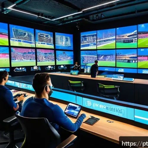 Home 30 스포츠마케팅 전문가로서의 자기계발 방법 - A vibrant digital marketing control room focused on sports engagement, featuring multiple large scre...