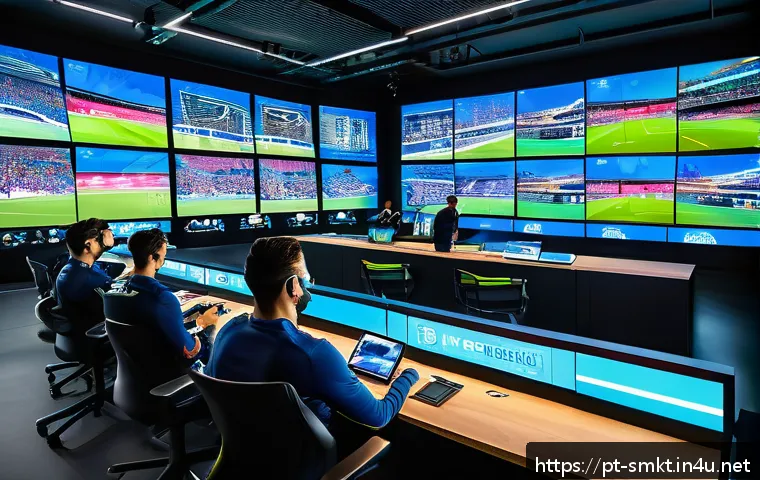 스포츠마케팅 전문가로서의 자기계발 방법 - A vibrant digital marketing control room focused on sports engagement, featuring multiple large scre...