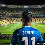 Home 23 스포츠마케팅에서의 브랜드 포지셔닝 전략 - A vibrant digital scene showing a young Brazilian football fan engaging with social media on a smart...