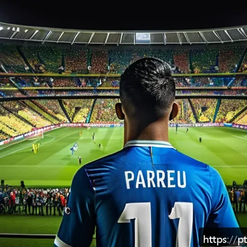 Home 17 스포츠마케팅에서의 브랜드 포지셔닝 전략 - A vibrant digital scene showing a young Brazilian football fan engaging with social media on a smart...