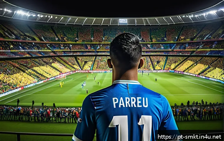 스포츠마케팅에서의 브랜드 포지셔닝 전략 - A vibrant digital scene showing a young Brazilian football fan engaging with social media on a smart...