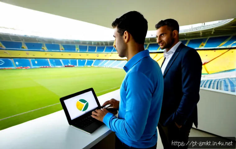 스포츠마케팅 분야에서의 경력 쌓기 전략 - Photorealistic sports marketing career mentorship scene in a modern Brazilian football stadium offic...