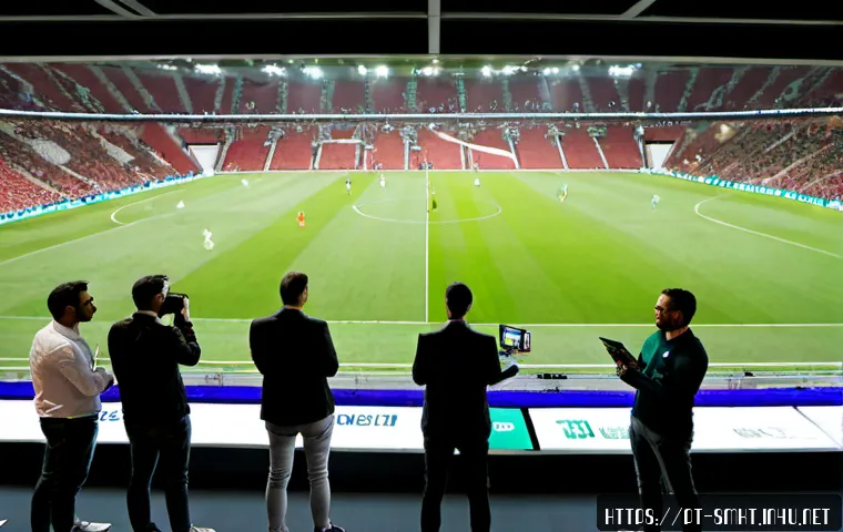 Home 17 스포츠미디어와 마케팅의 융합 사례 - Photorealistic sports media marketing collaboration in a modern Lisbon football stadium press area, ...
