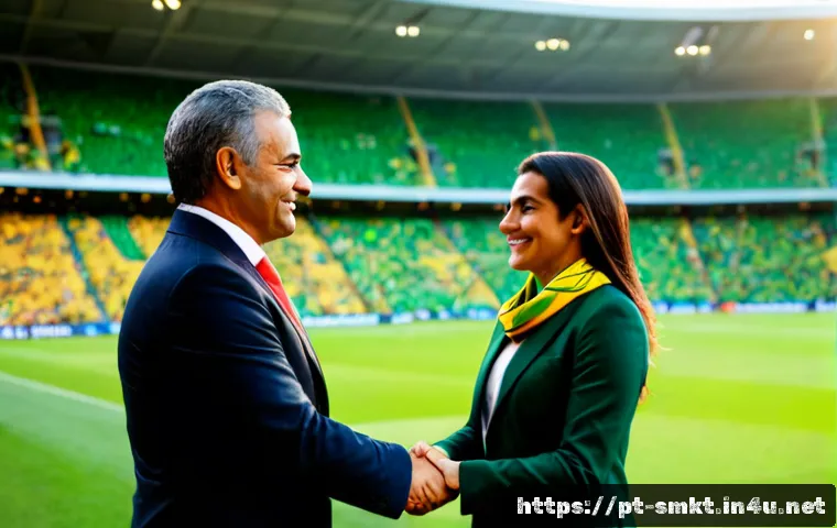 스포츠 구단과 글로벌 스폰서십 성공 사례 - Photorealistic Brazilian football stadium partnership scene, club executive and global sponsor repre...