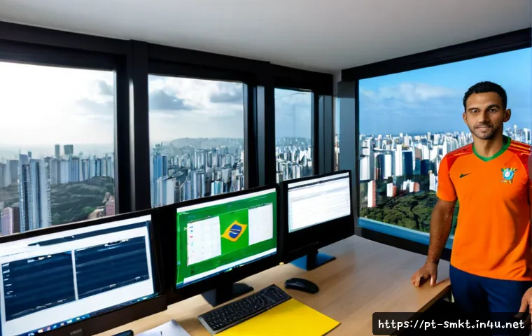 Home 17 스포츠마케팅 전문가의 전문성 강화를 위한 자료 추천 - Photorealistic sports marketing professional in a modern São Paulo office, reviewing colorful sports...